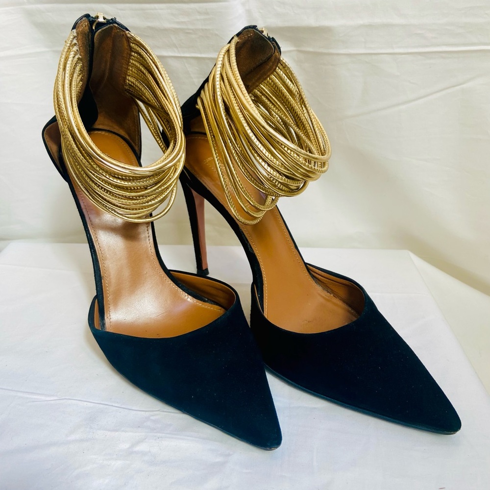 Black and Gold Stiletto Heels with Ankle Straps